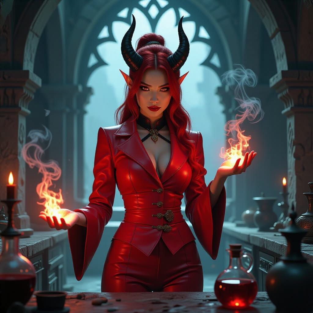 Tiefling Alchemist Mixing Explosives in Gothic Laboratory