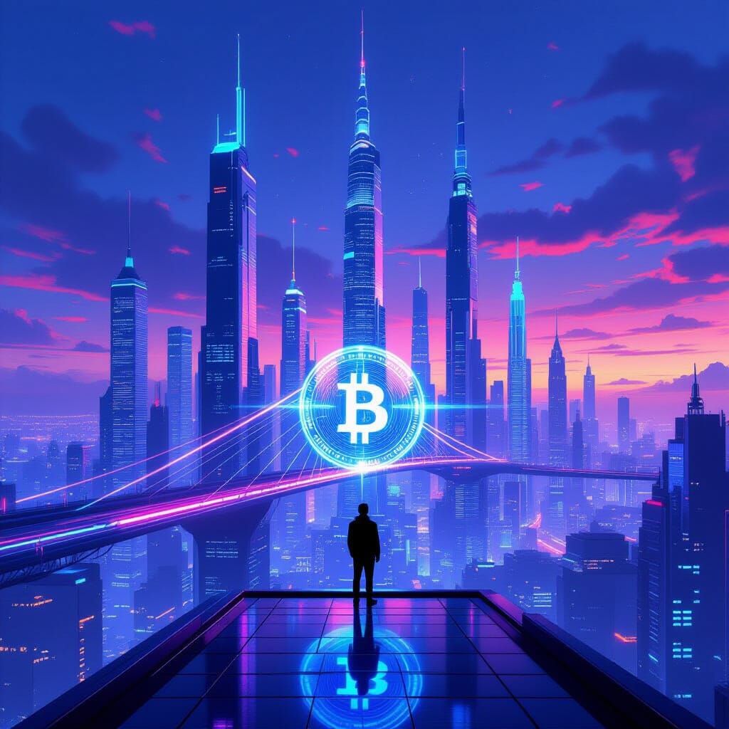Futuristic City Skyline with Bitcoin Symbol at Dusk