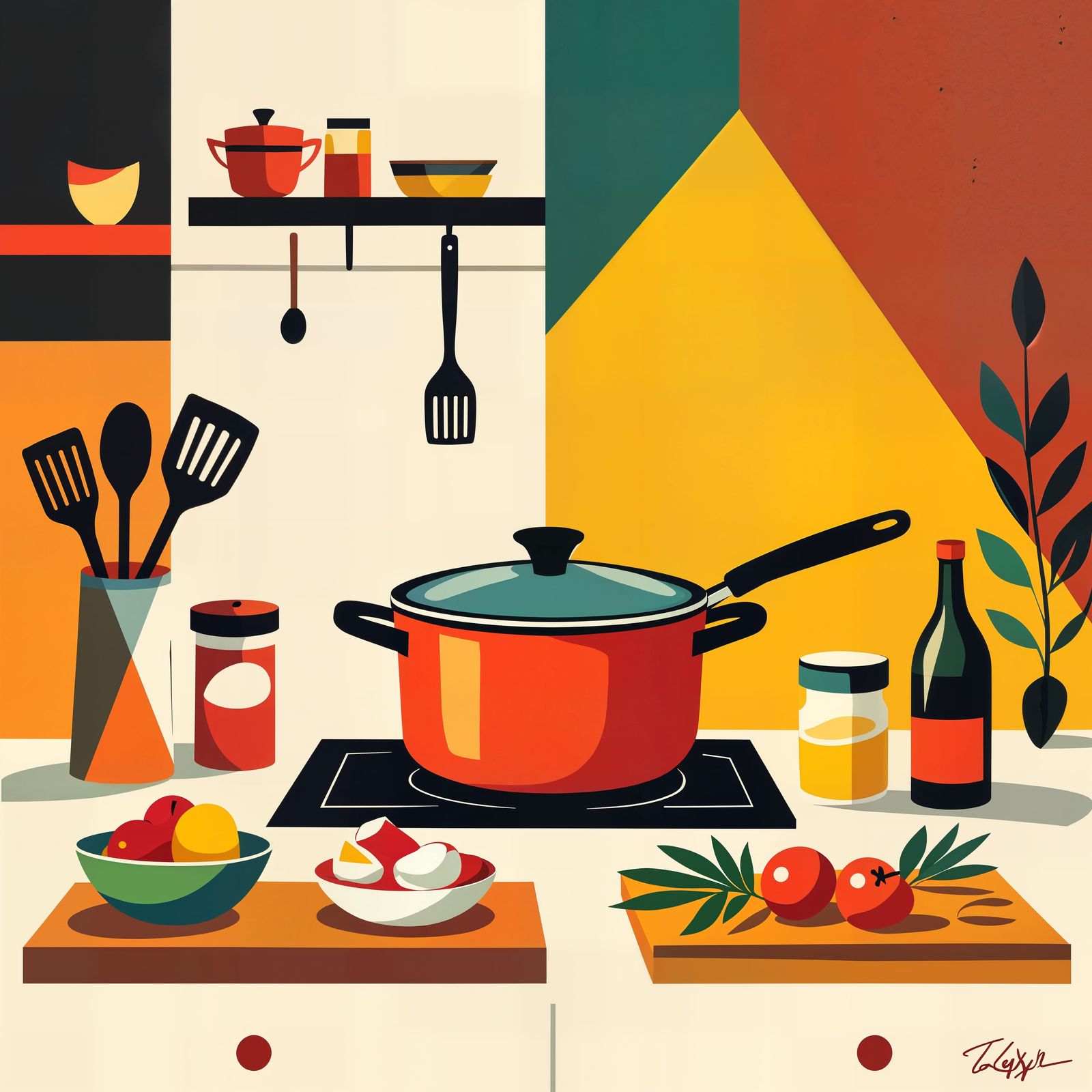 Vibrant Kitchen Scene in Charley Harper Style