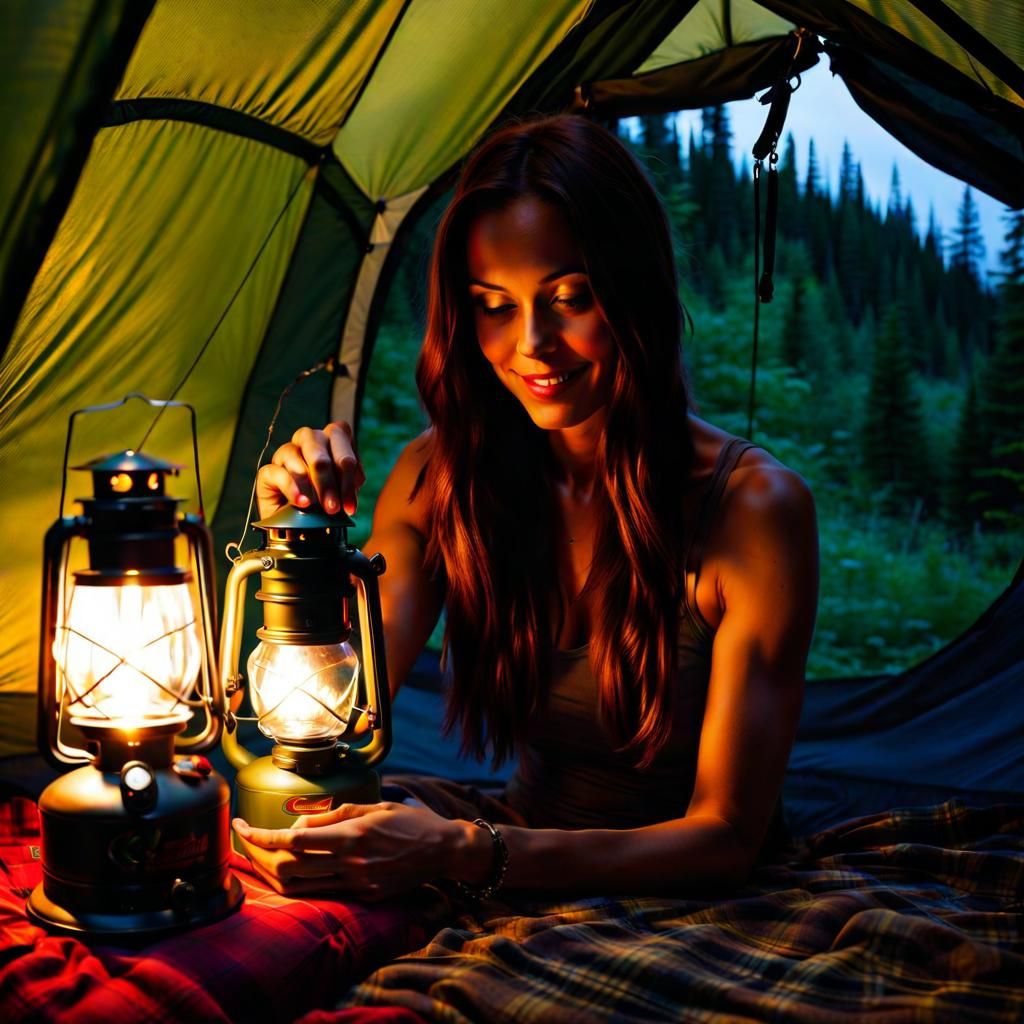 Lantern Light: Woman in Camping Tent