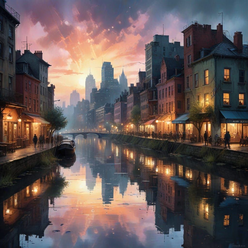 Surreal Urban Riverscape at Twilight in Textured Watercolors