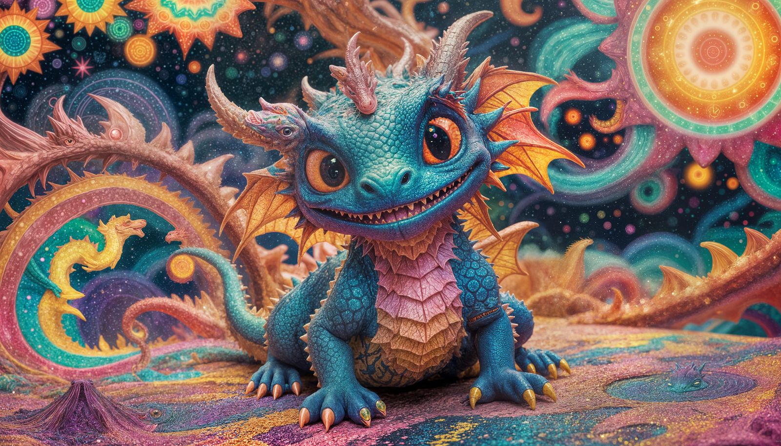 Vibrant Miniature Dragon in Psychedelic Dreamscape