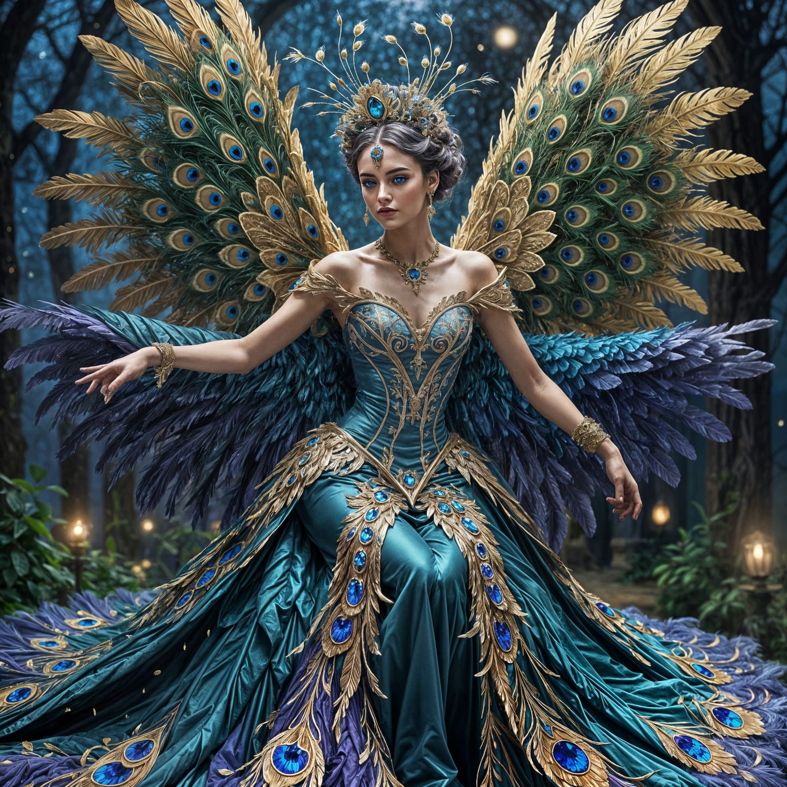 Peacock Fairy Ballet in Moonlight: Fantastical Digital Art