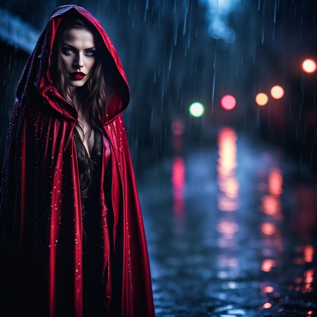 Crimson Vampire Beckons in Holographic Rain