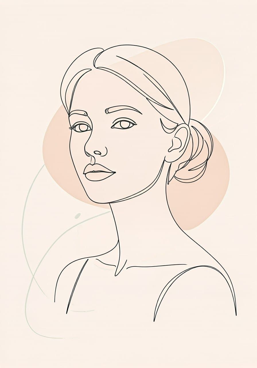 Elegant Line Drawing of a Contemplative Woman in Soft Pastel...