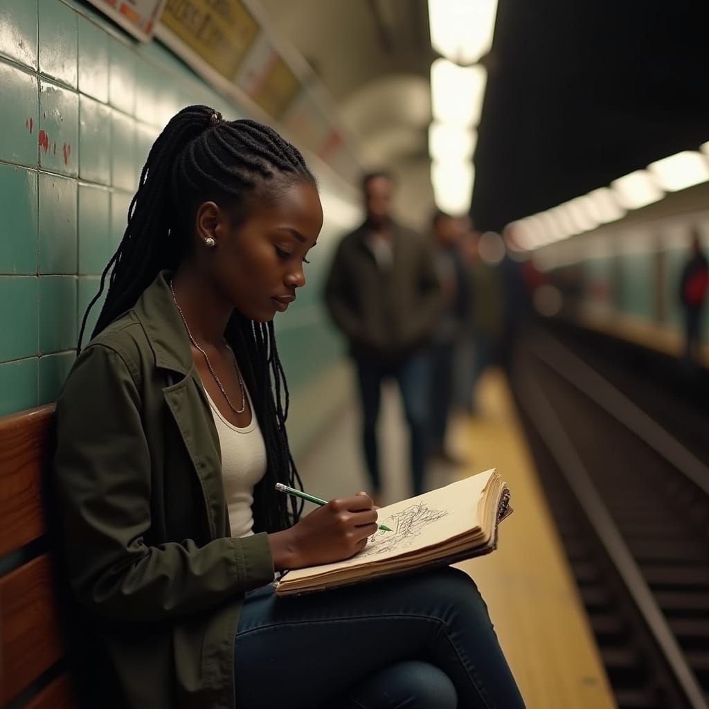African American Woman Sketching on Subway Platform
