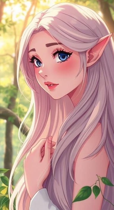 Elven Woman in Magical Forest: Anime Style