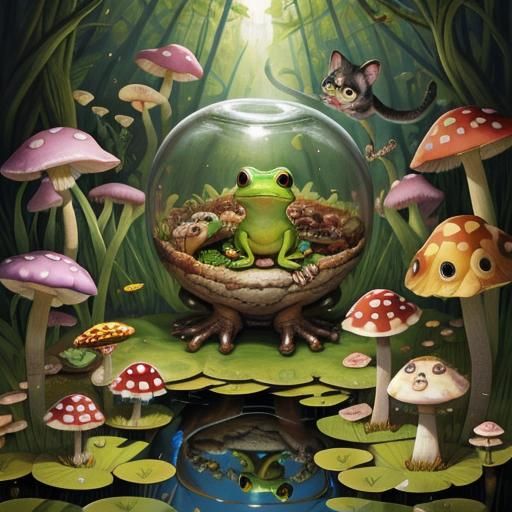 Kitten-Frog Hybrid in Snake's Mouth: Surreal 3D Art