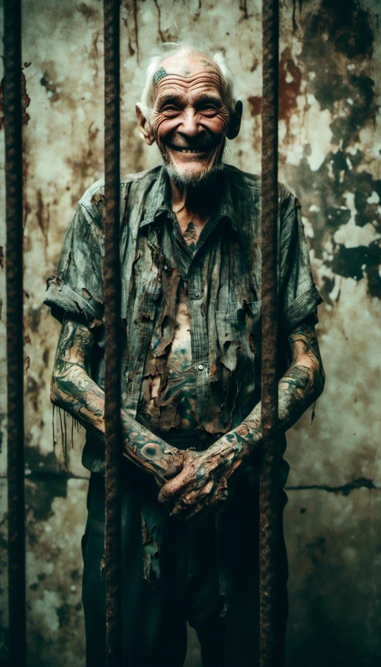 Smiling Tattooed Old Man in Prison