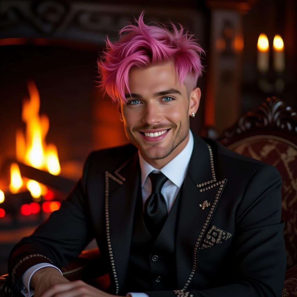 Gothic Man in Suit by Fireplace