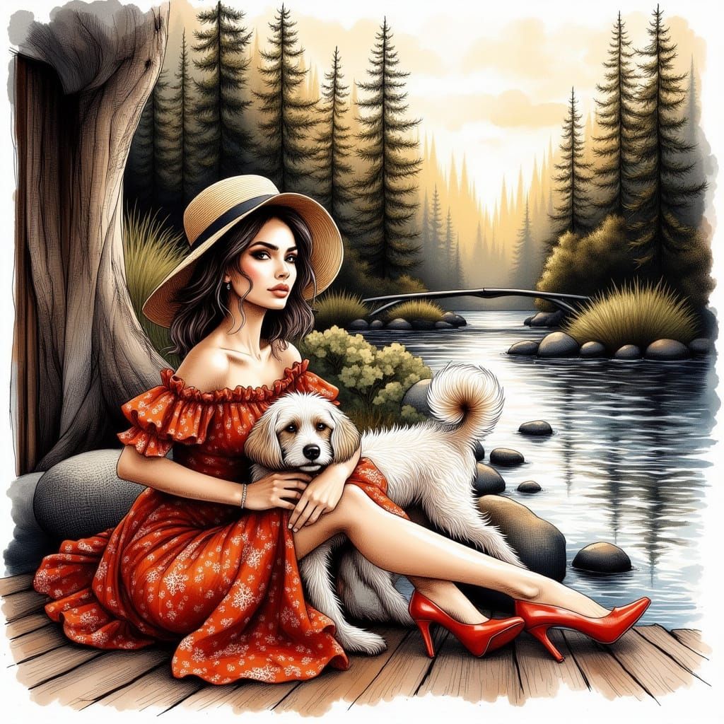 Woman and Dog by River in Forest, Ink Drawing Style