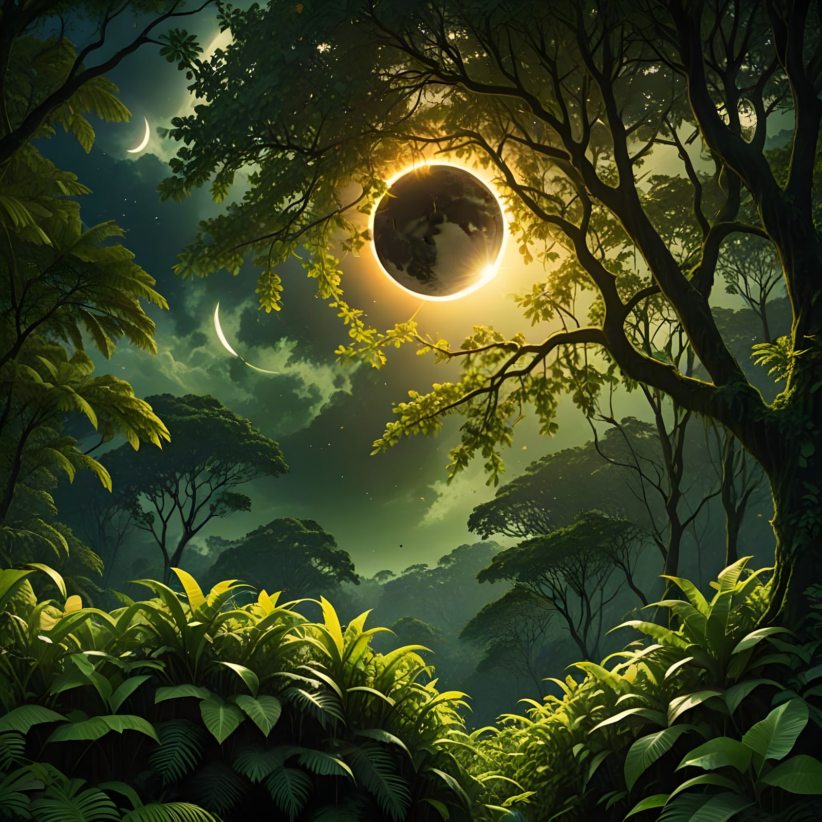 Solar Eclipse over Rainforest: Evokes Peace and Prosperity