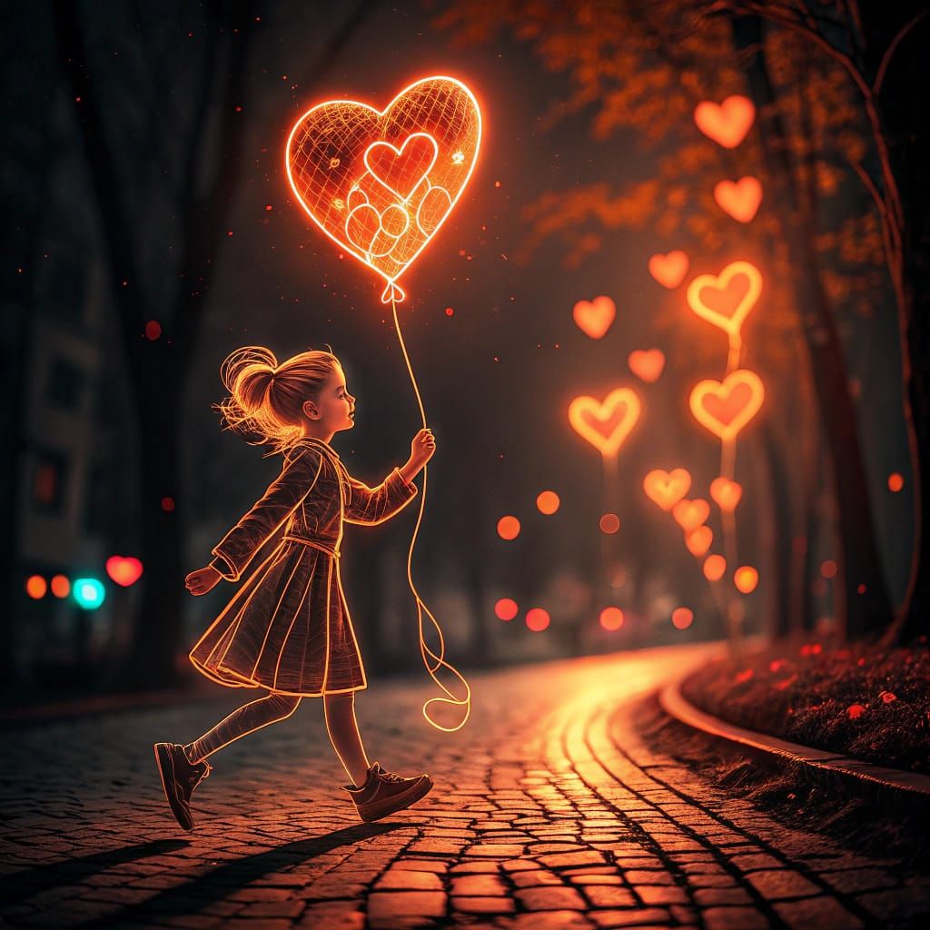 Girl with Glowing Heart Balloon on Cobblestone Path