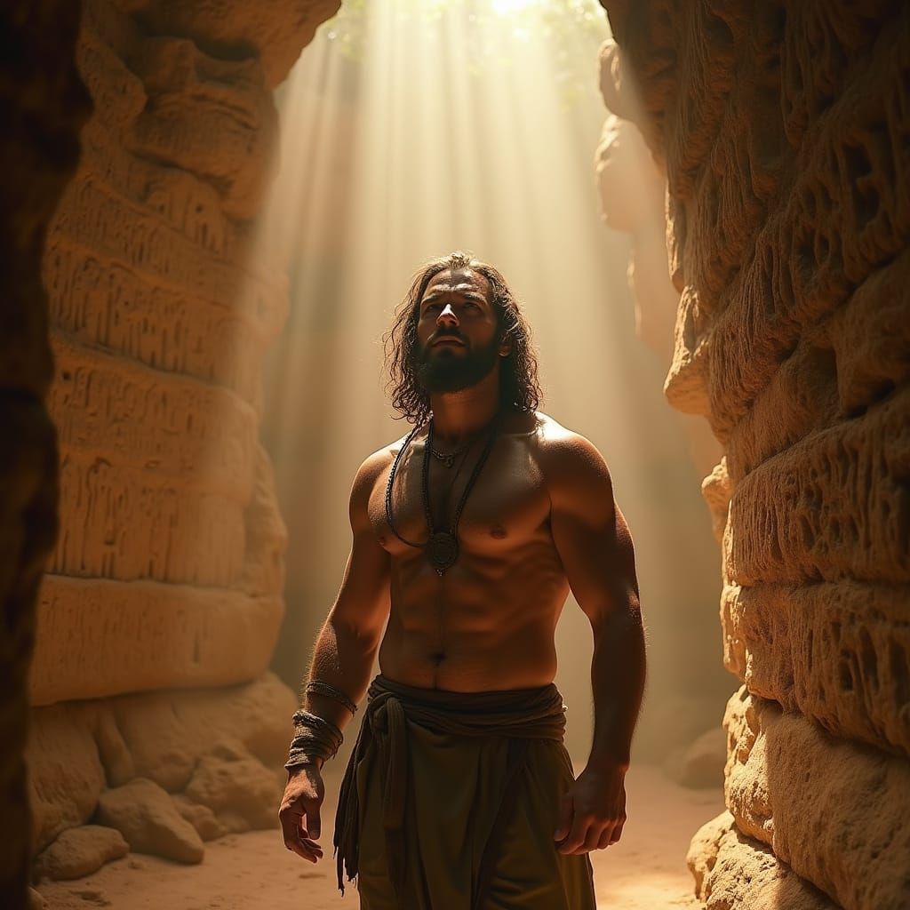 Tarzan in Sandstone Cave with Hieroglyphs