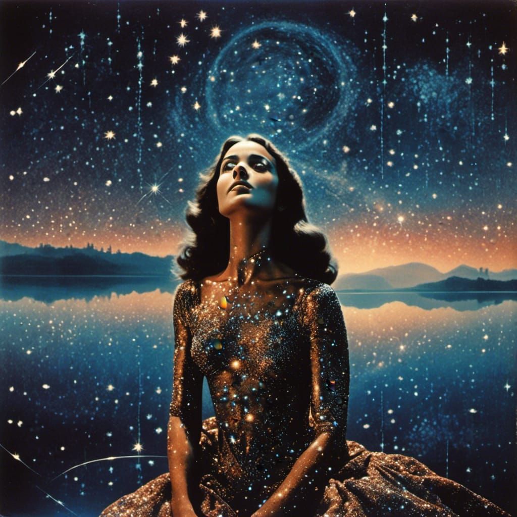 Woman with Constellation Skin Reflecting Starry Lake