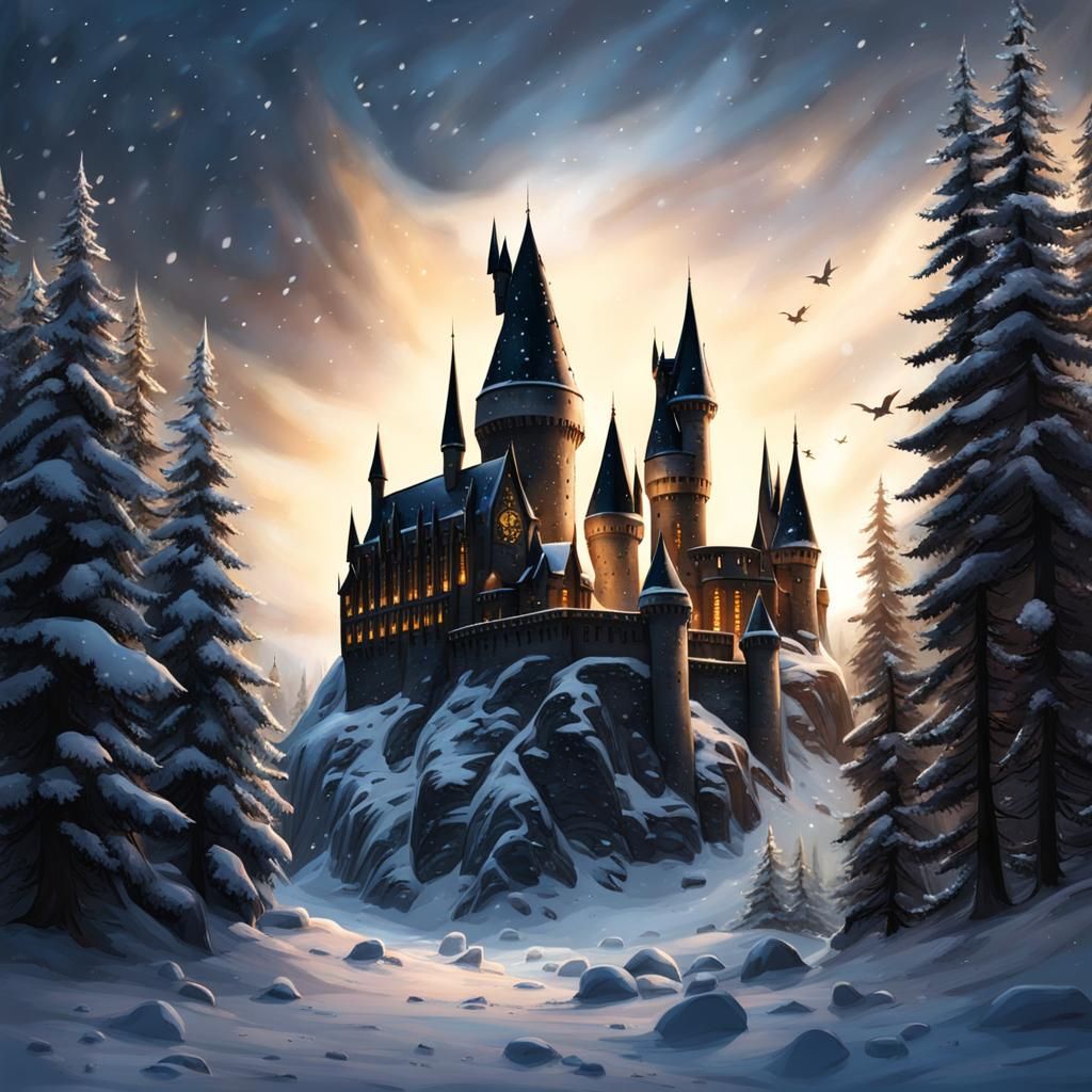 Winter at Hogwarts: Witch Flying Over Snowy Castle