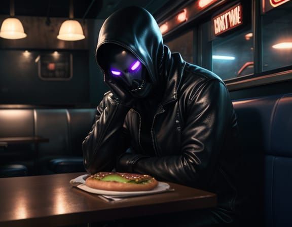 Alien Eats Hamburger in Moody Diner, Hyper Realistic