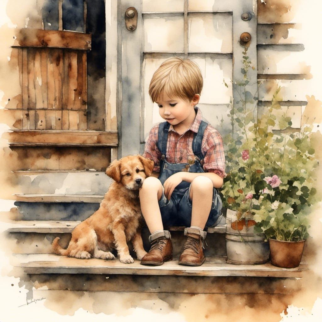 Boy and Puppy on Porch in Antique Watercolor