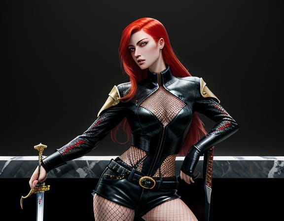 Gothic Goddess in Red Fishnets and Leather