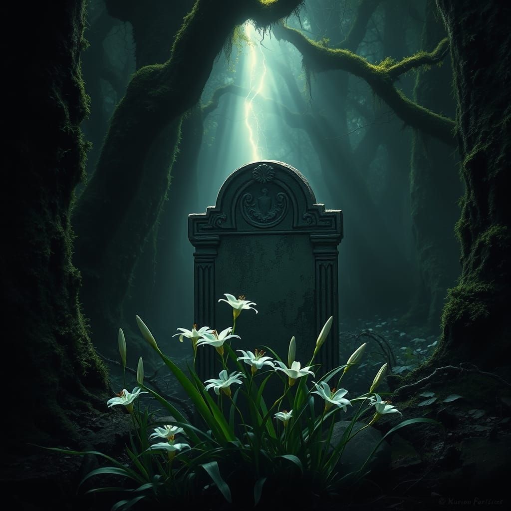 Ethereal Light Illuminates Lilies at Forest Tombstone