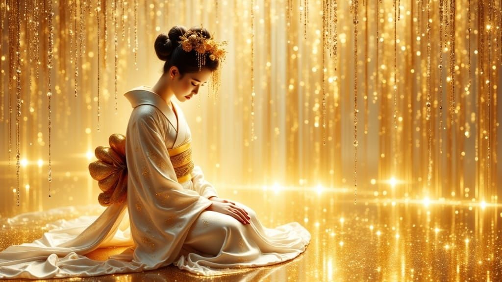 Ethereal Geisha in Golden Rain