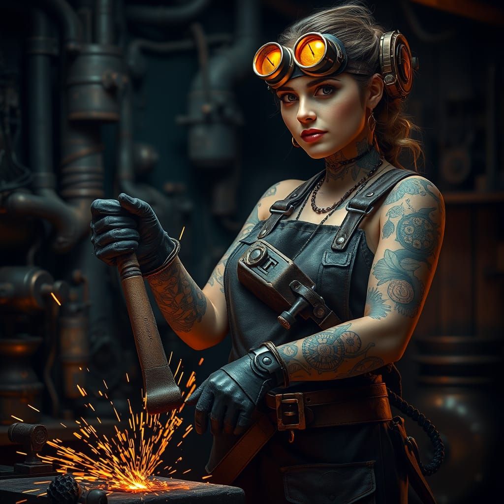 Steampunk Blacksmith with Clockwork Tattoos in Workshop