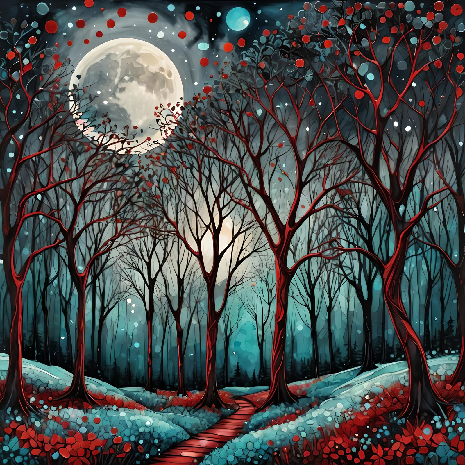 Moonlit Arabesque Forest Trees in Alcohol Ink Style