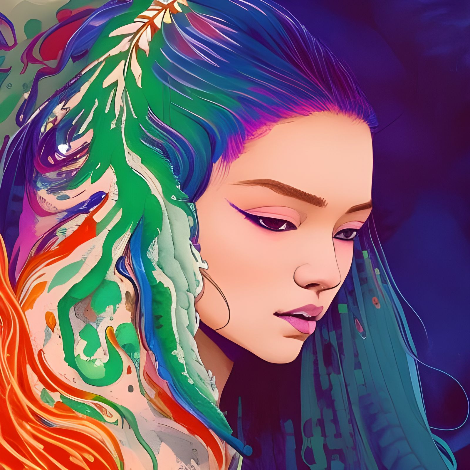 Navajo Girl with Green Hair: Gouache and Watercolor Art