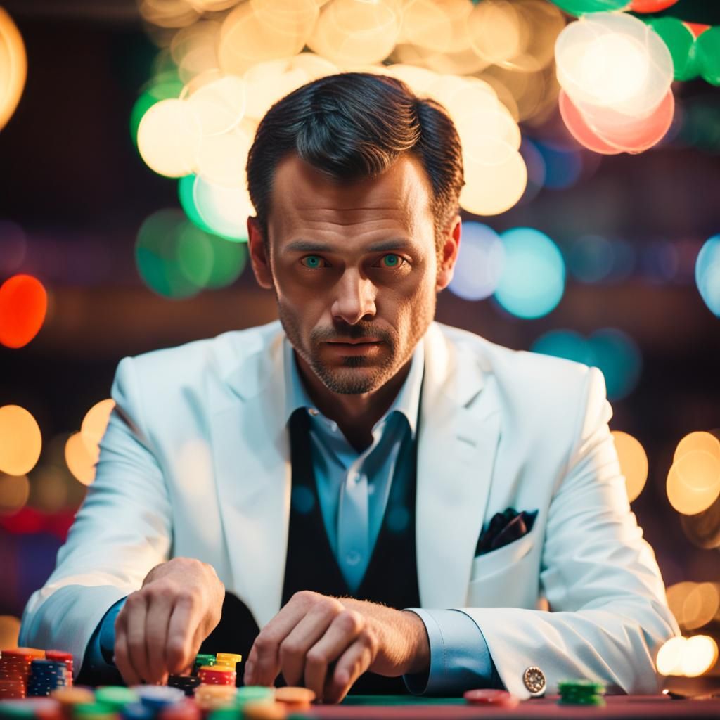 Man in White Suit Plays Roulette, Casino Photography