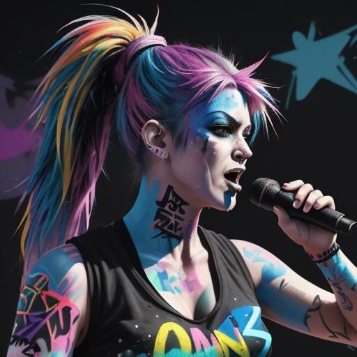 Punk rocker with multicoloured ponytail singing on stage wit...