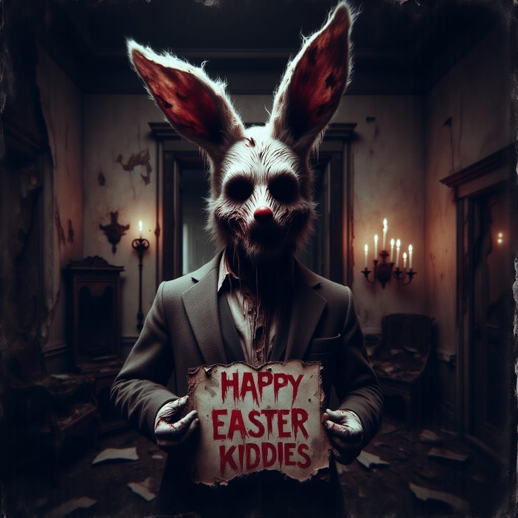 Creepy sinister Easter Bunny in a dilapidated room with text at the bottom reading "HAPPY EASTER KIDDIES" <lora:Macabro:...