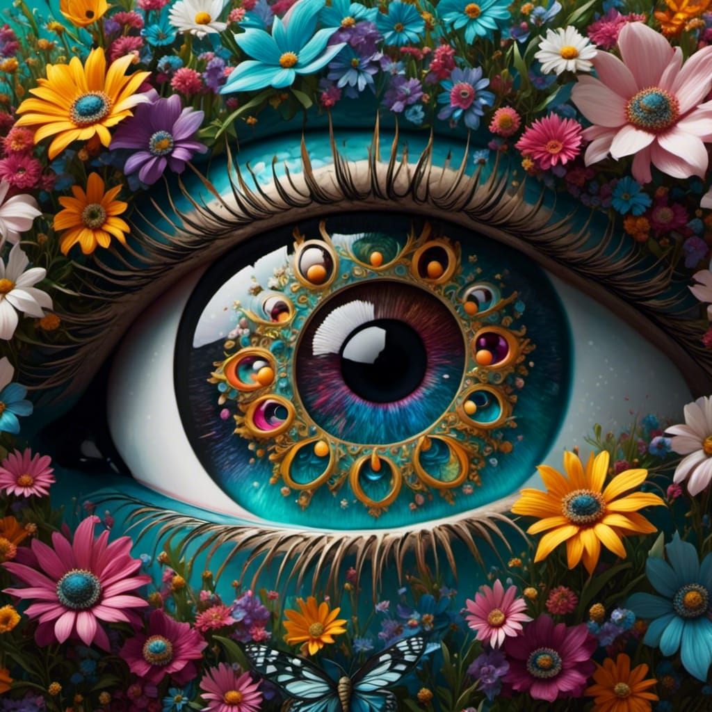 Giant Multicolored Eye with Floral Eyelids
