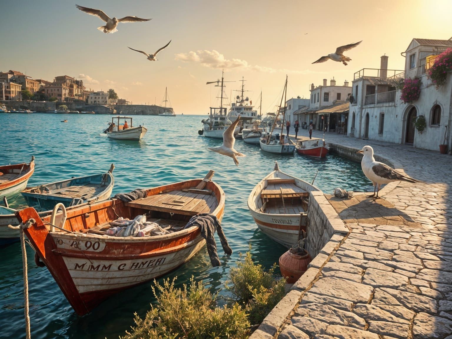 Peaceful Mediterranean Harbor Scene in Photorealistic Style