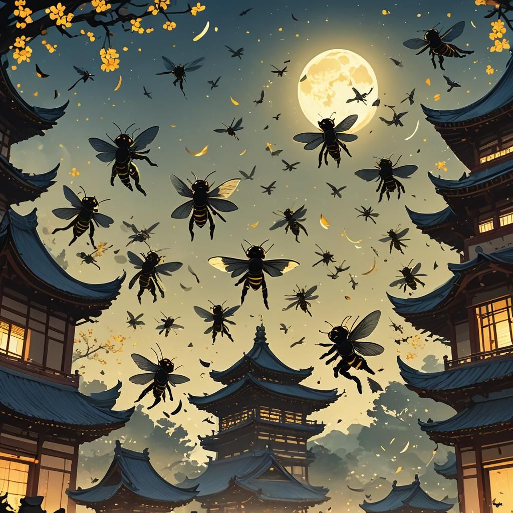 Ninja Bees Training at Temple: Miyazaki-Inspired Concept Art