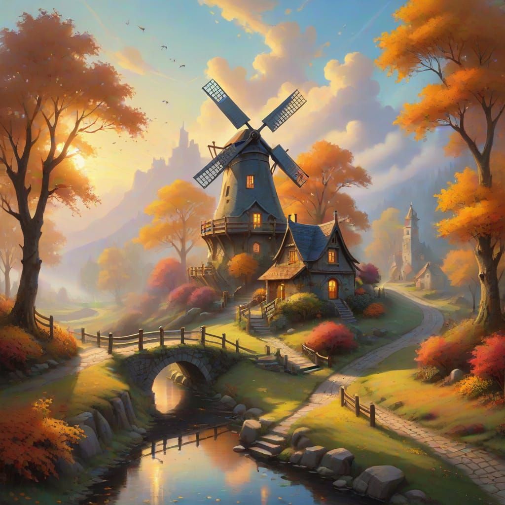 Idyllic Autumn Landscape Painting in Thomas Kinkade Style