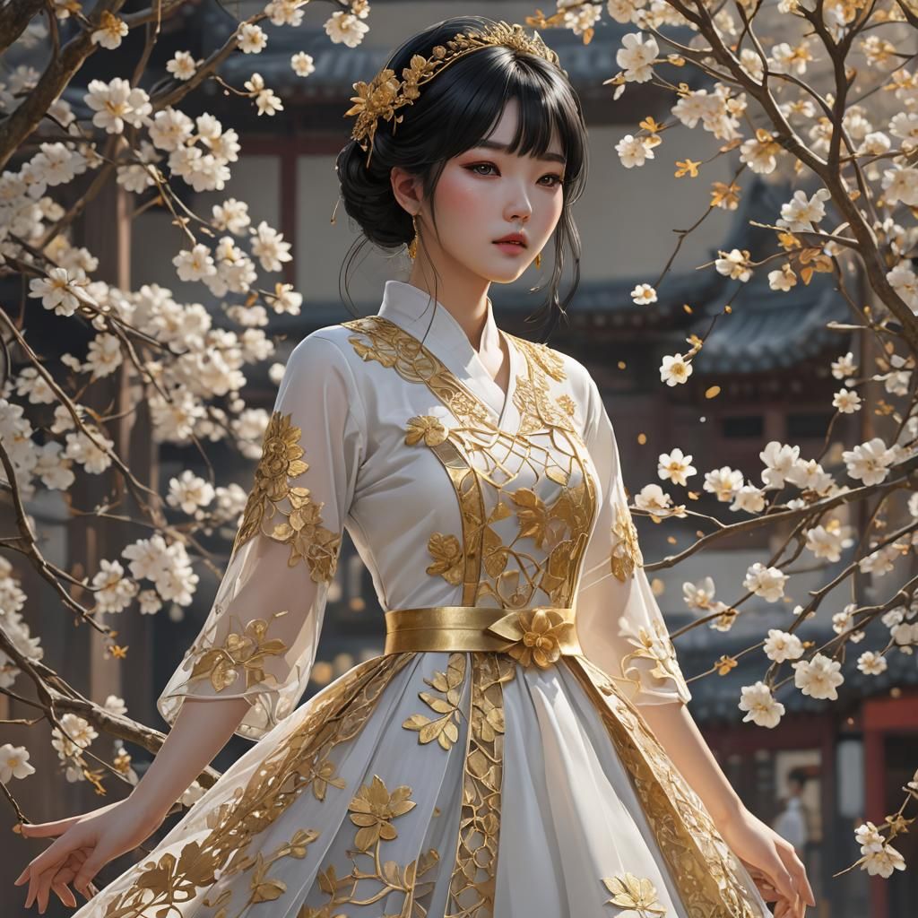 Korean Girl in Golden Dress: 3D Anime Art