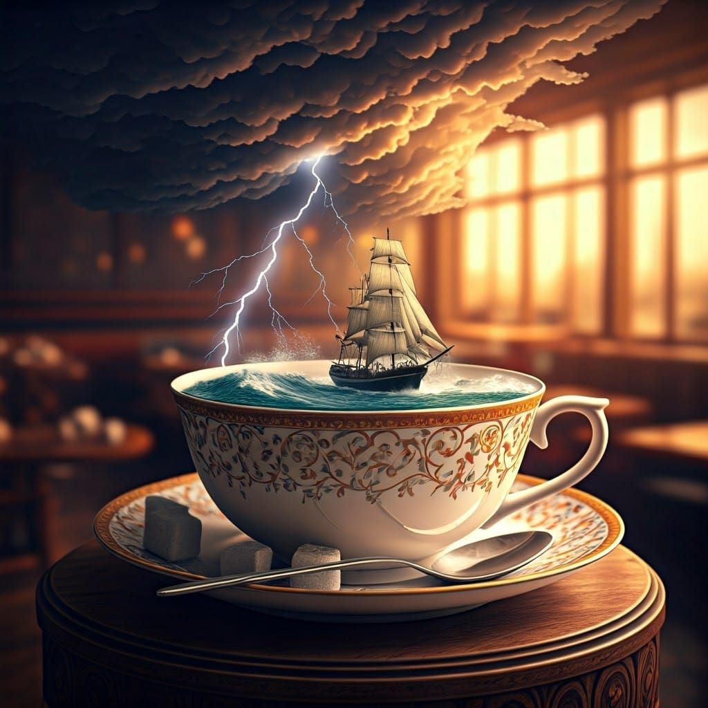 Ship in Teacup Storm: 3D Digital Art