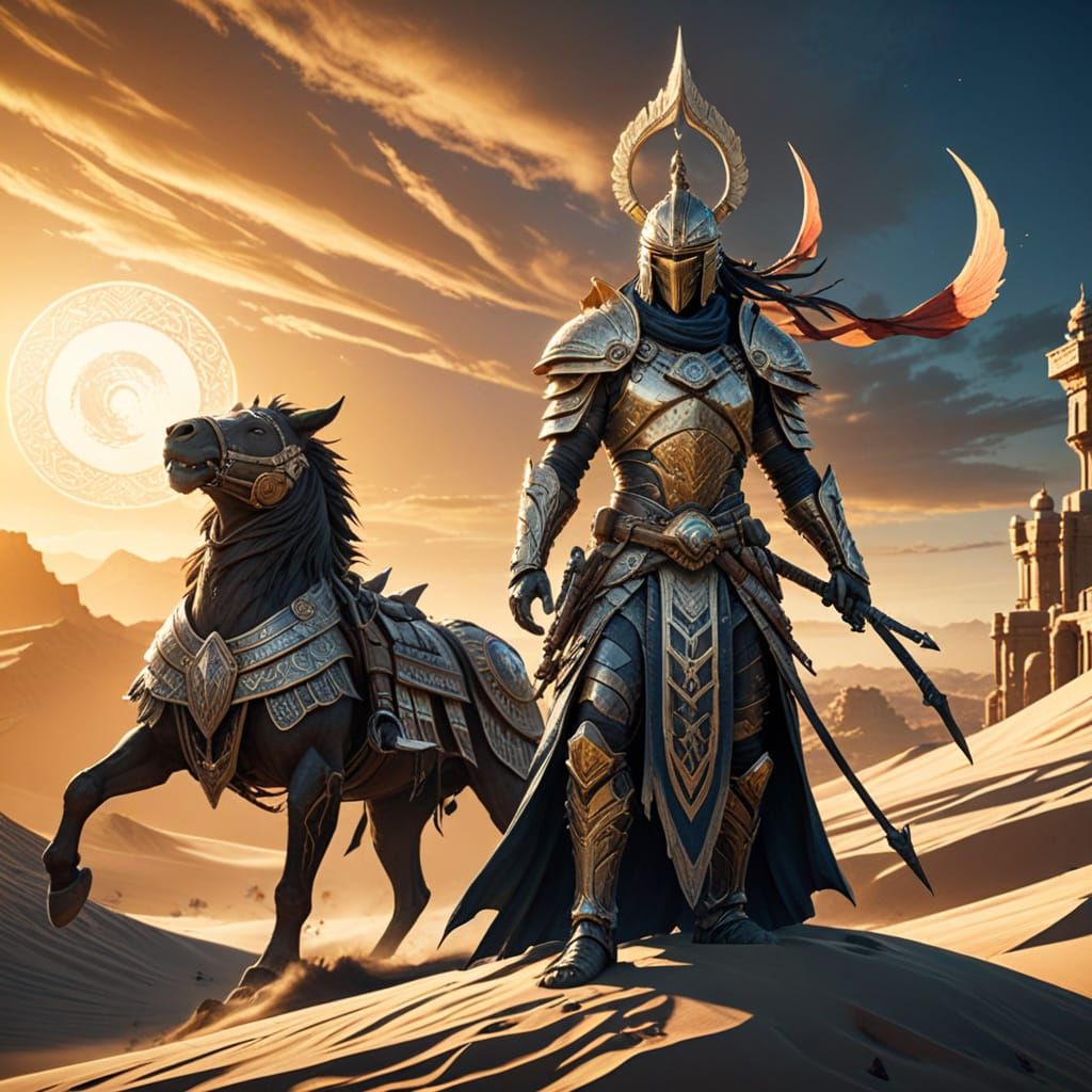 Nomadic Warrior on a Dune in Golden Hour Lighting
