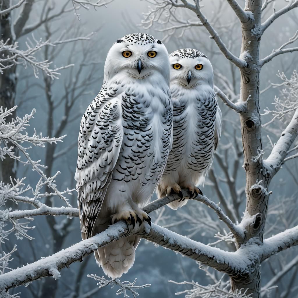 Snowy Owl Family in Winter Wonderland: Digital Art
