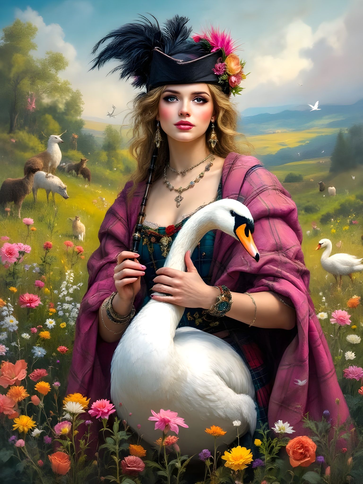 Surreal Scottish Woman Plays Swan Bagpipes