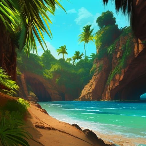 Colorful Cave on Sandy Beach in Hyperdetailed Style