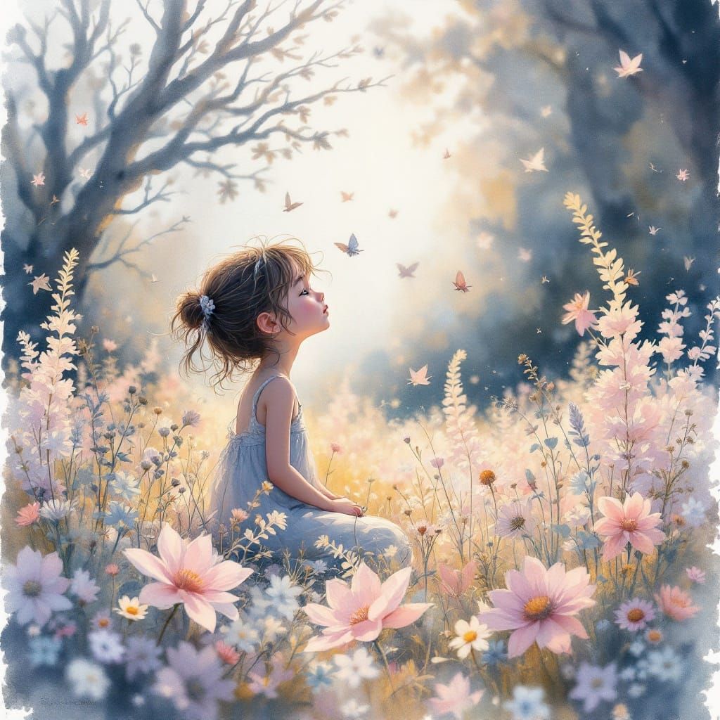 Dreamy Kidcore Scene with Watercolor Textures