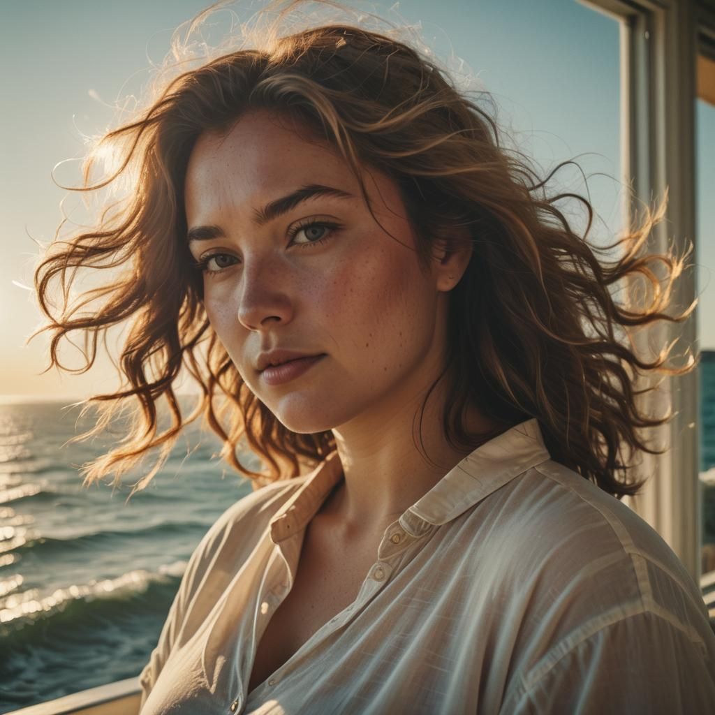 Curvy Woman Gazing at Sea in Golden Hour
