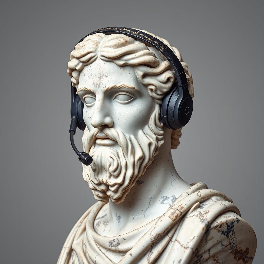 Greek Sculpture with Headset: Art Meets Modernity