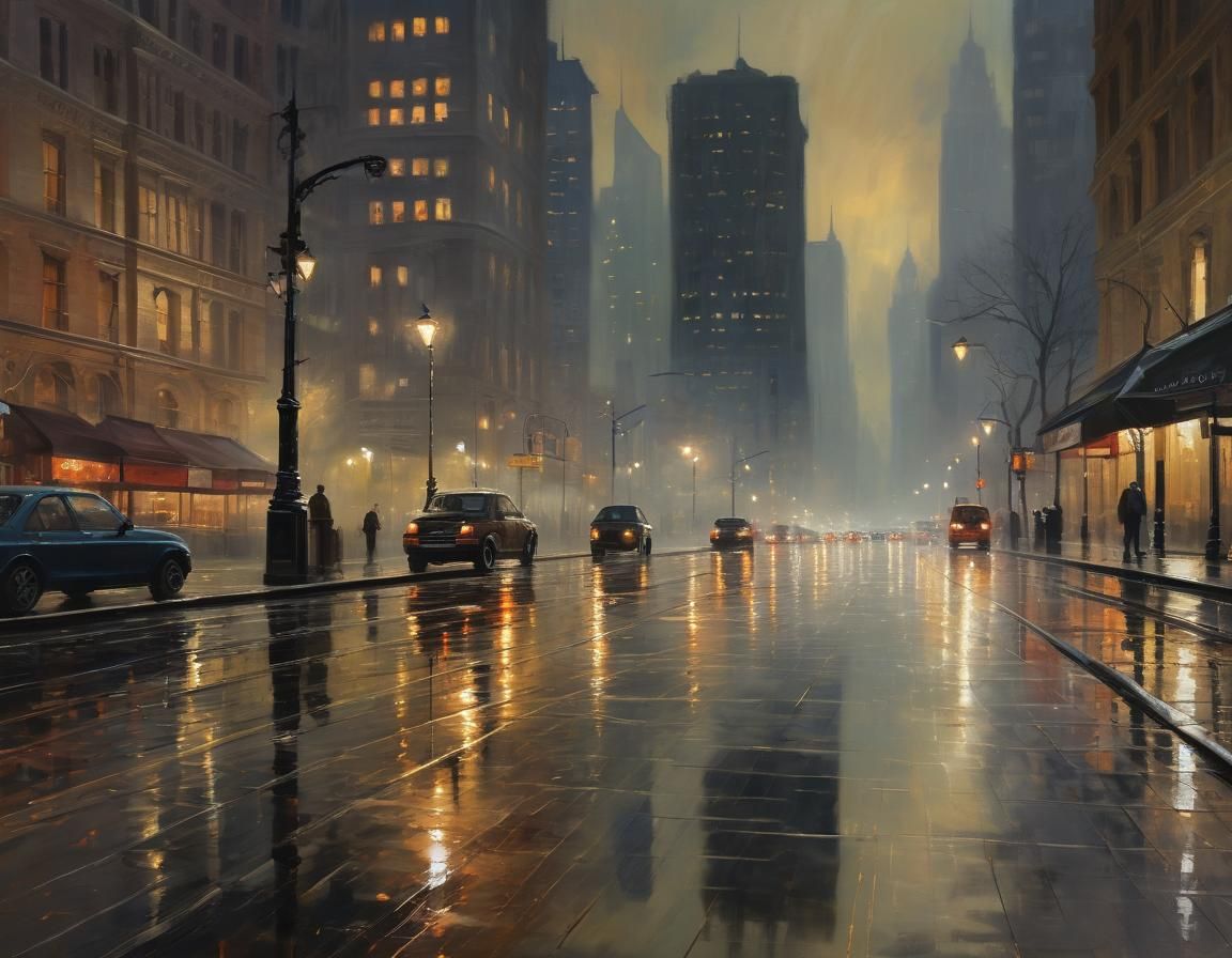 Misty Cityscape Nocturne in Impressionist Style