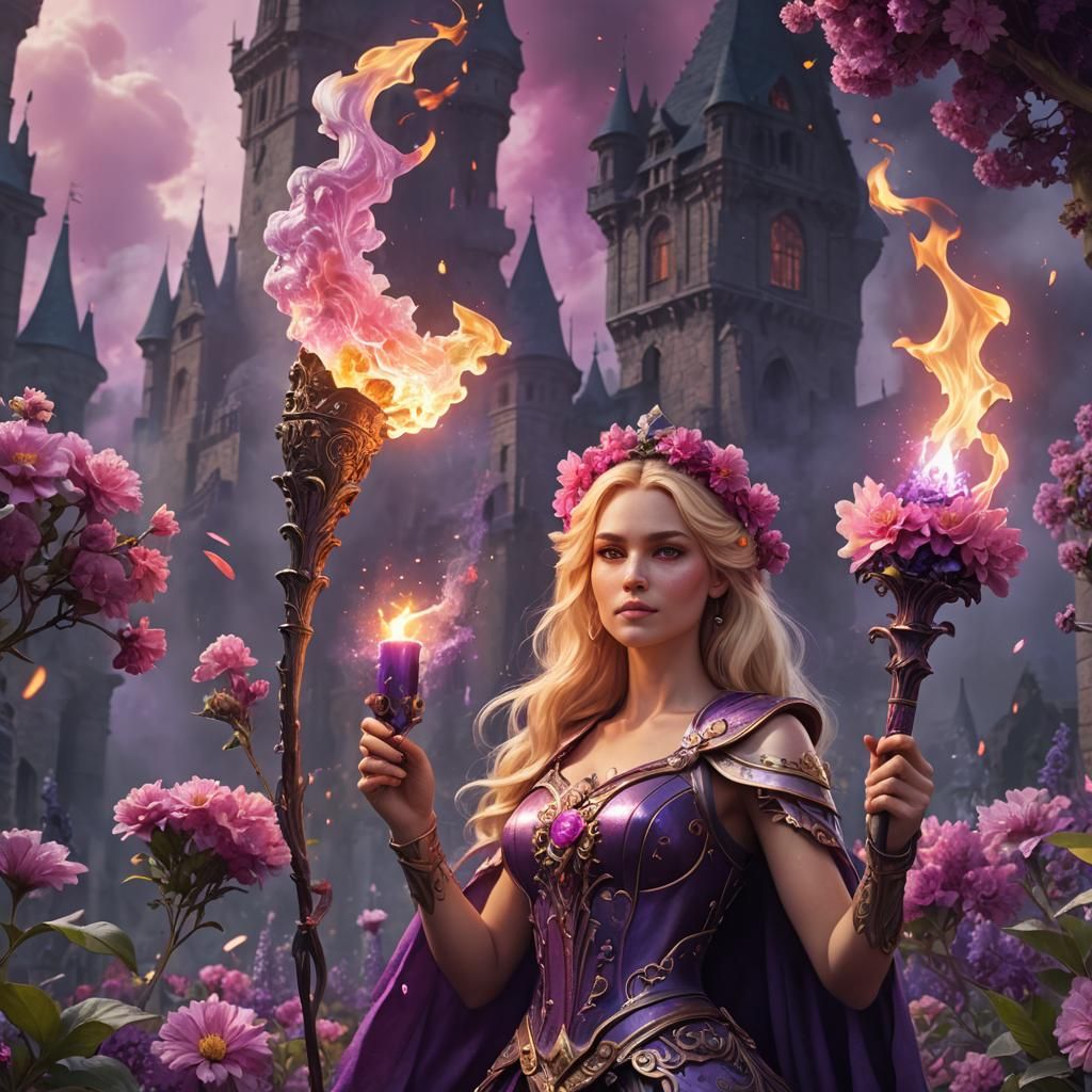 Floral Woman with Torch: Fantasy Art in Deep Color