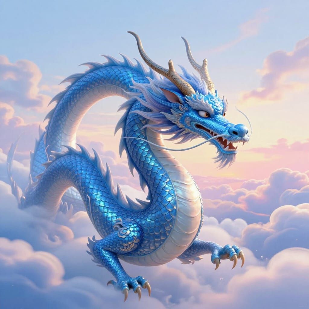 Celestial Blue Dragon Above Clouds in Chinese Style
