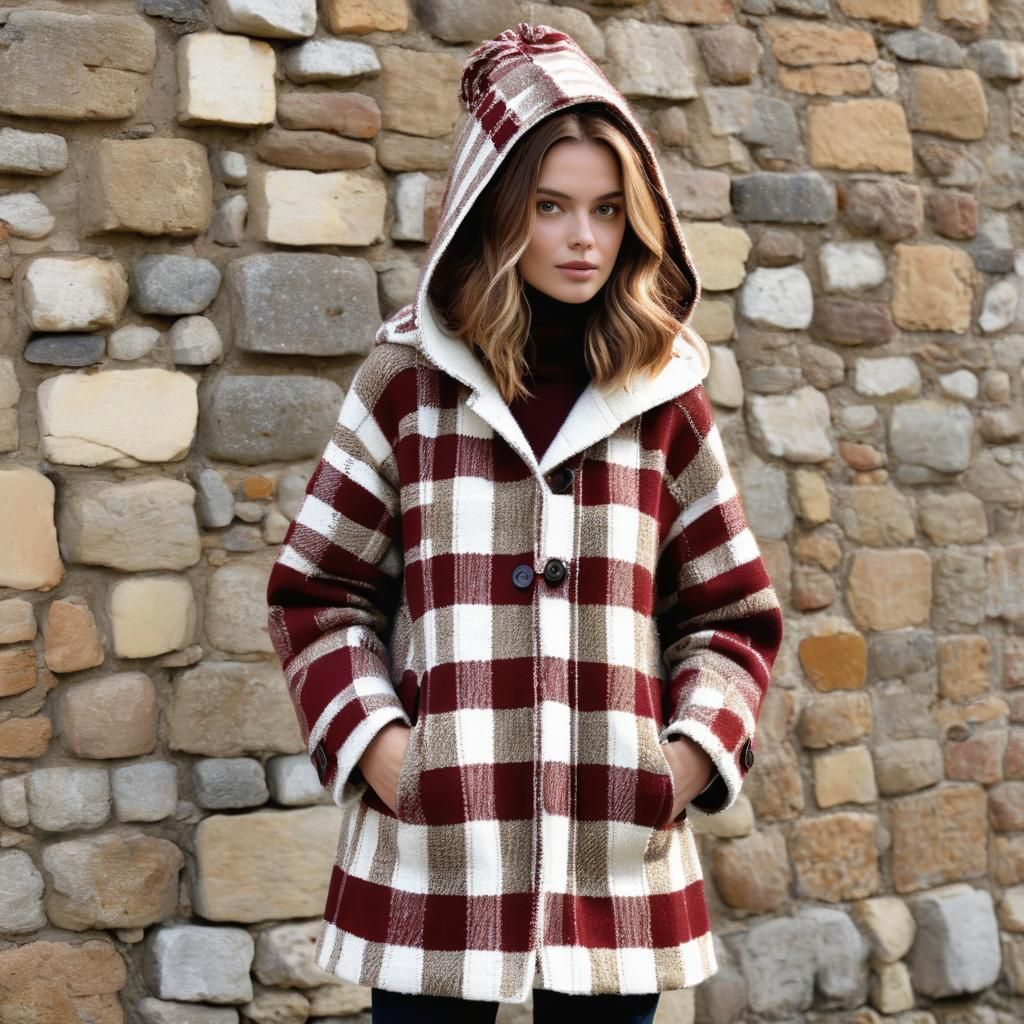 Knitted Tweed Caban with Hood in Vichy Style