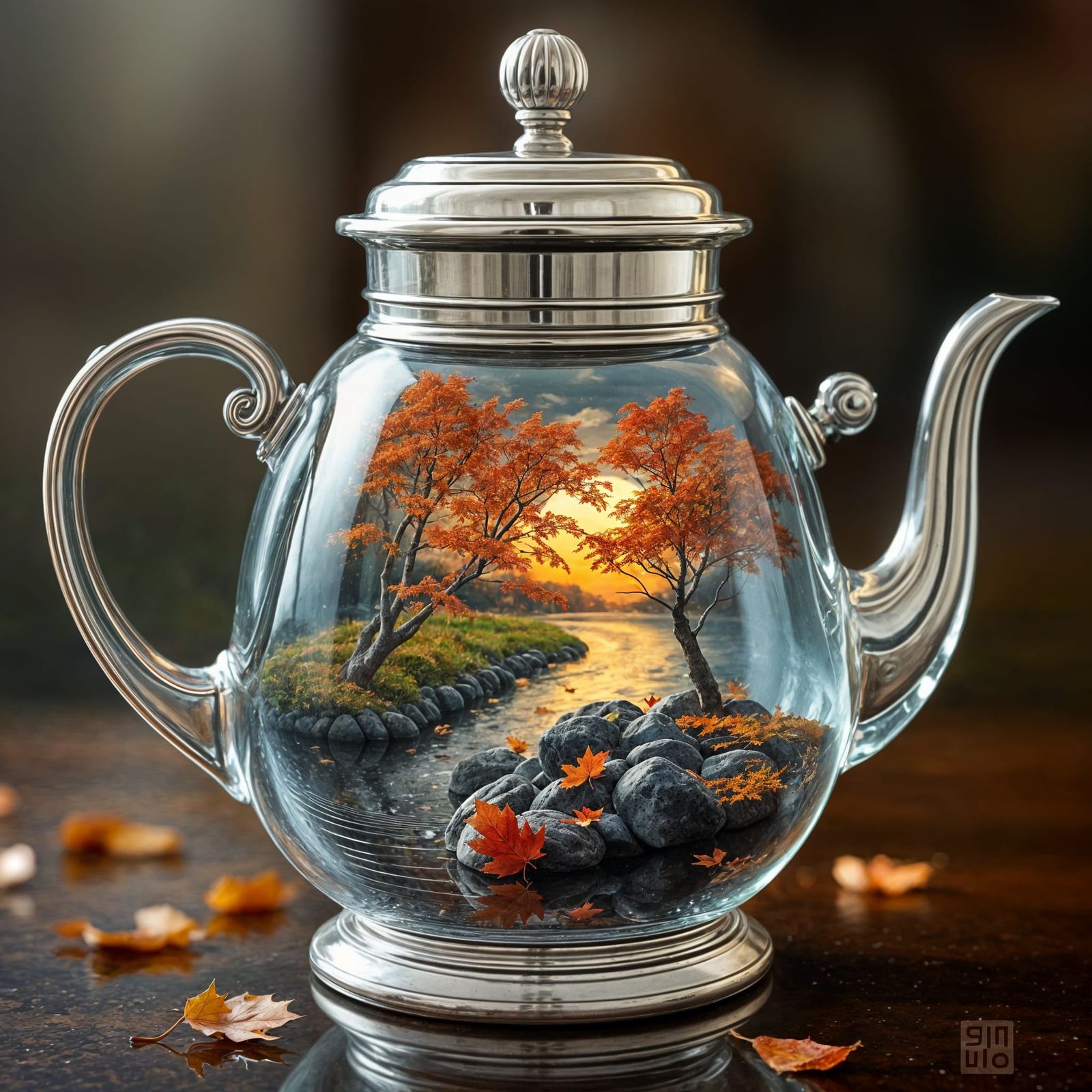 Autumn River Teapot, Detailed Glass and Silver