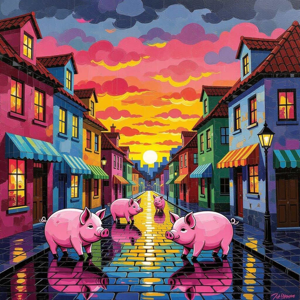 Whimsical Pink Pigs Wander Vibrant City at Sunset